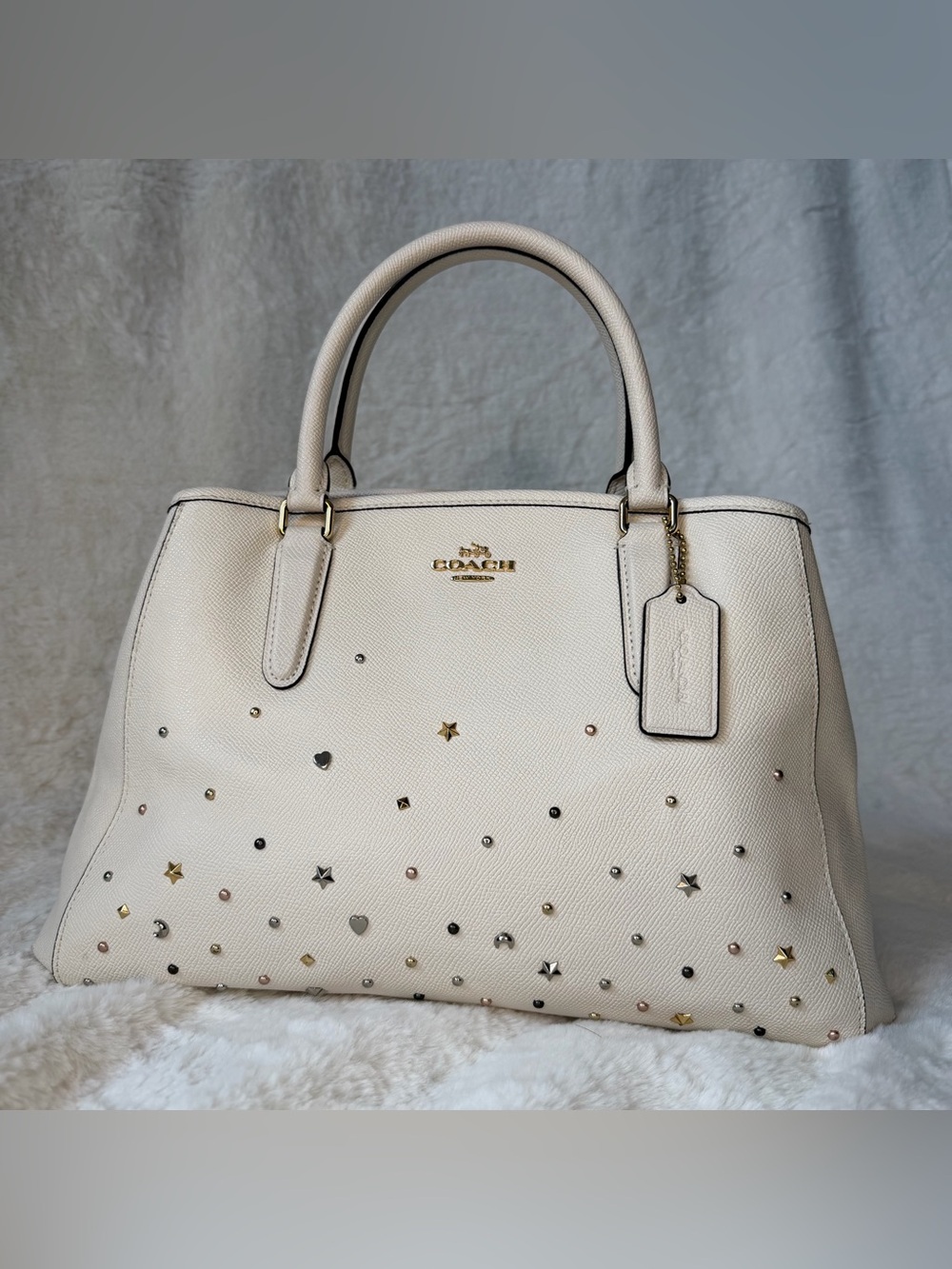 Coach Margot White Leather Carryall Crossbody with Star, Heart, and Moon studs